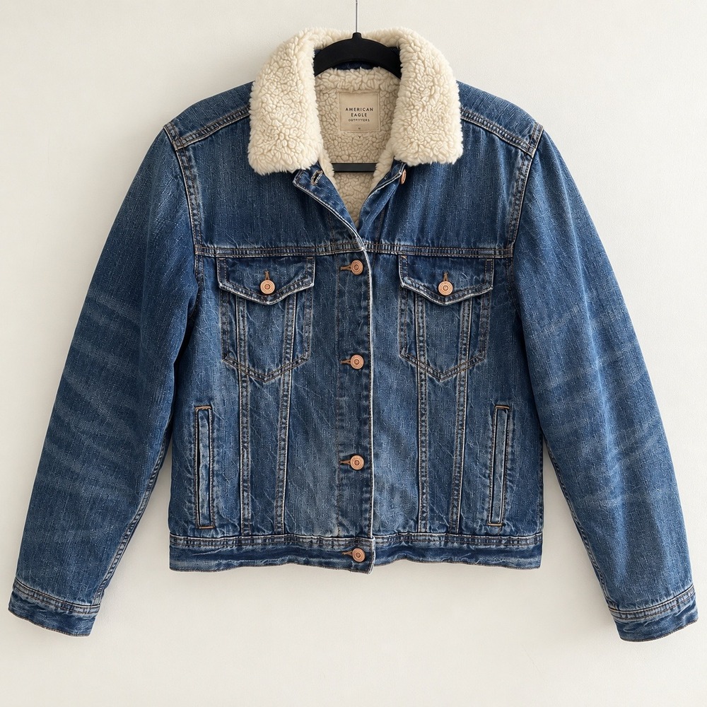 American Eagle Outfitters Sherpa Lined Denim Trucker Jacket Medium Wash Large